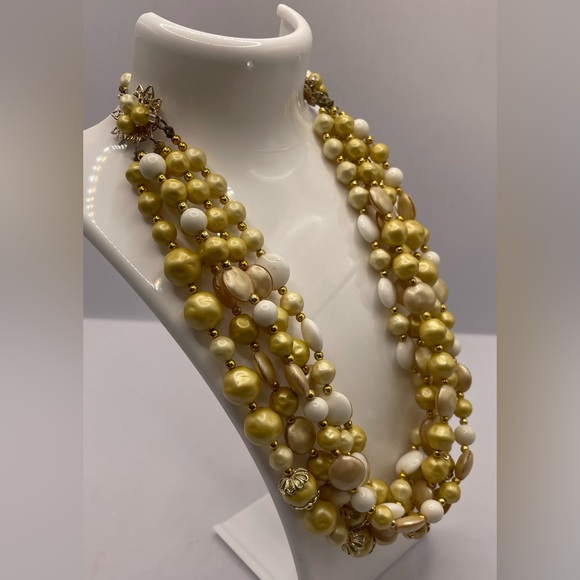Vintage Signed Japan Multi Strand Beaded Necklace with Gold Tone Accents - Picture 10 of 12